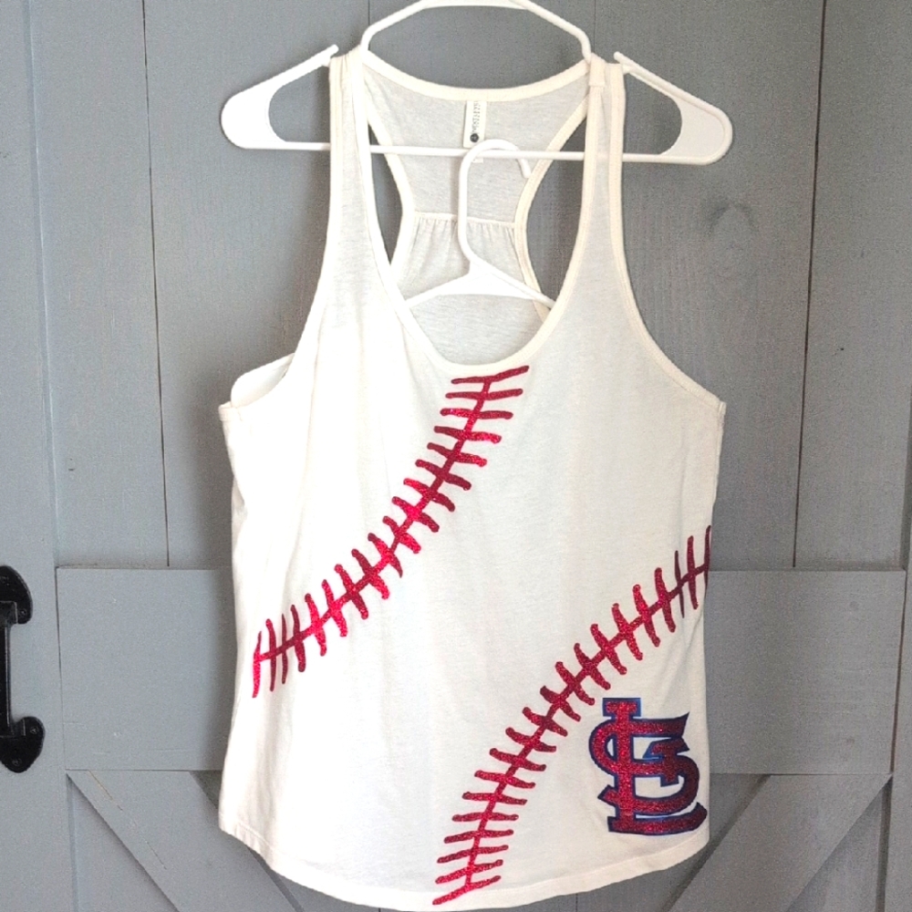 White STL Baseball Tank Top with Red Glitter Stitching Design